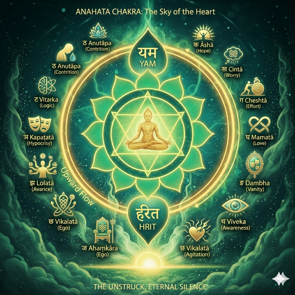 A detailed emerald-green study map outlining the twelve mental tendencies or vrittis of the Anahata heart chakra. The graphic features a central golden yogi meditating inside an interlocking Shatkona star, surrounded by a twelve-petaled lotus. Encircling the lotus are twelve distinct golden icons, each labeled with its corresponding Sanskrit syllable, Devanagari character, and English translation from Ka for Hope and Kha for Worry to Ttha for Contrition, illustrating the upward evolutionary flow and downward involuntary cycles of the heart.
