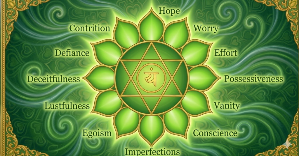 A vibrant green and gold illustration detailing the twelve emotional tendencies of the Anahata heart chakra. The design features a prominent central twelve-petaled lotus with a golden six-pointed Shatkona star and the central Sanskrit syllable Yam. Each of the twelve green petals points outward toward a clear English label specifying a distinct trait: Hope, Worry, Effort, Possessiveness, Vanity, Conscience, Imperfections, Egoism, Lustfulness, Deceitfulness, Defiance, and Contrition, set against a swirling emerald backdrop with ornate corner borders.