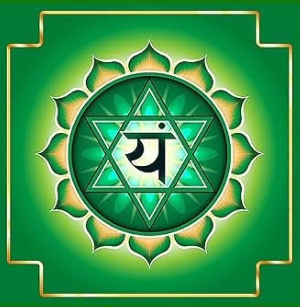 A vibrant green and gold Anahata heart chakra mandala set inside a square border with notched geometric corners. The central design features a twelve-petaled lotus flower with soft gold shading on the tips. Enclosed within the lotus is a prominent, glowing green Shatkona—the six-pointed interlocking star symbol. At the exact center of the star, the Sanskrit seed syllable Yam is inscribed clearly in bold black Devanagari script against a bright, luminous white and emerald background aura.