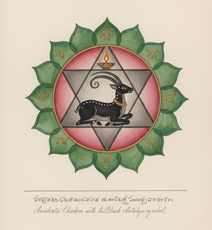 A traditional hand-painted diagram of the Anahata Chakra on aged paper. The yantra features an outer ring of twelve green lotus petals, each inscribed with golden Devanagari script characters. At the center is a red circular field containing a grey interlocking six-pointed star (Shatkona). Inside the star, a black antelope or deer is depicted resting beneath a small, lit terracotta oil lamp (diya). The bottom of the page includes cursive handwriting reading: Anahata Chakra with the Black Antelope symbol.