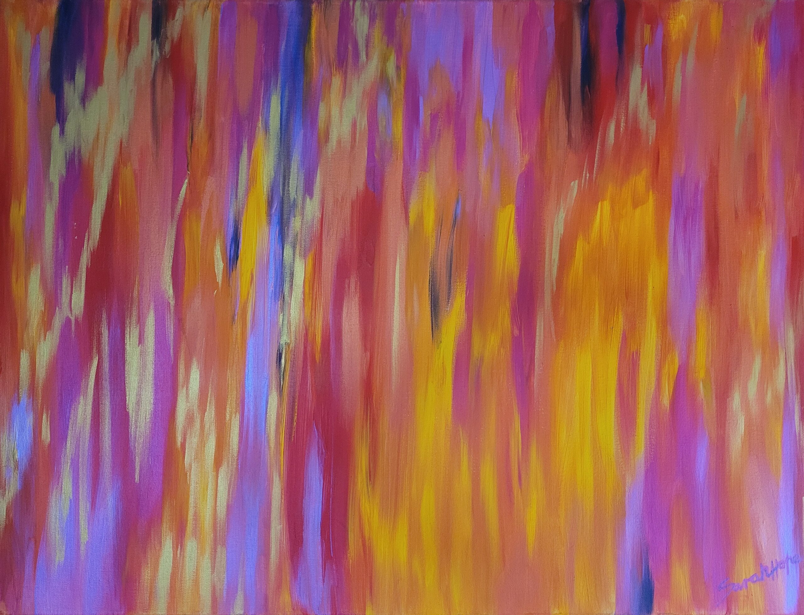 An abstract expressionist acrylic painting titled Bushfire by artist Sarah Hope. The canvas features vibrant, vertical brushstrokes in a fiery color palette of intense reds, deep oranges, sunny yellows, and rich magentas, interspersed with soft lavender, violet, and shimmering metallic gold streaks. The textured, upward strokes mimic the movement of rising heat and crackling flames. The artist signature, Sarah Hope, is visible in cursive script in the bottom right corner.