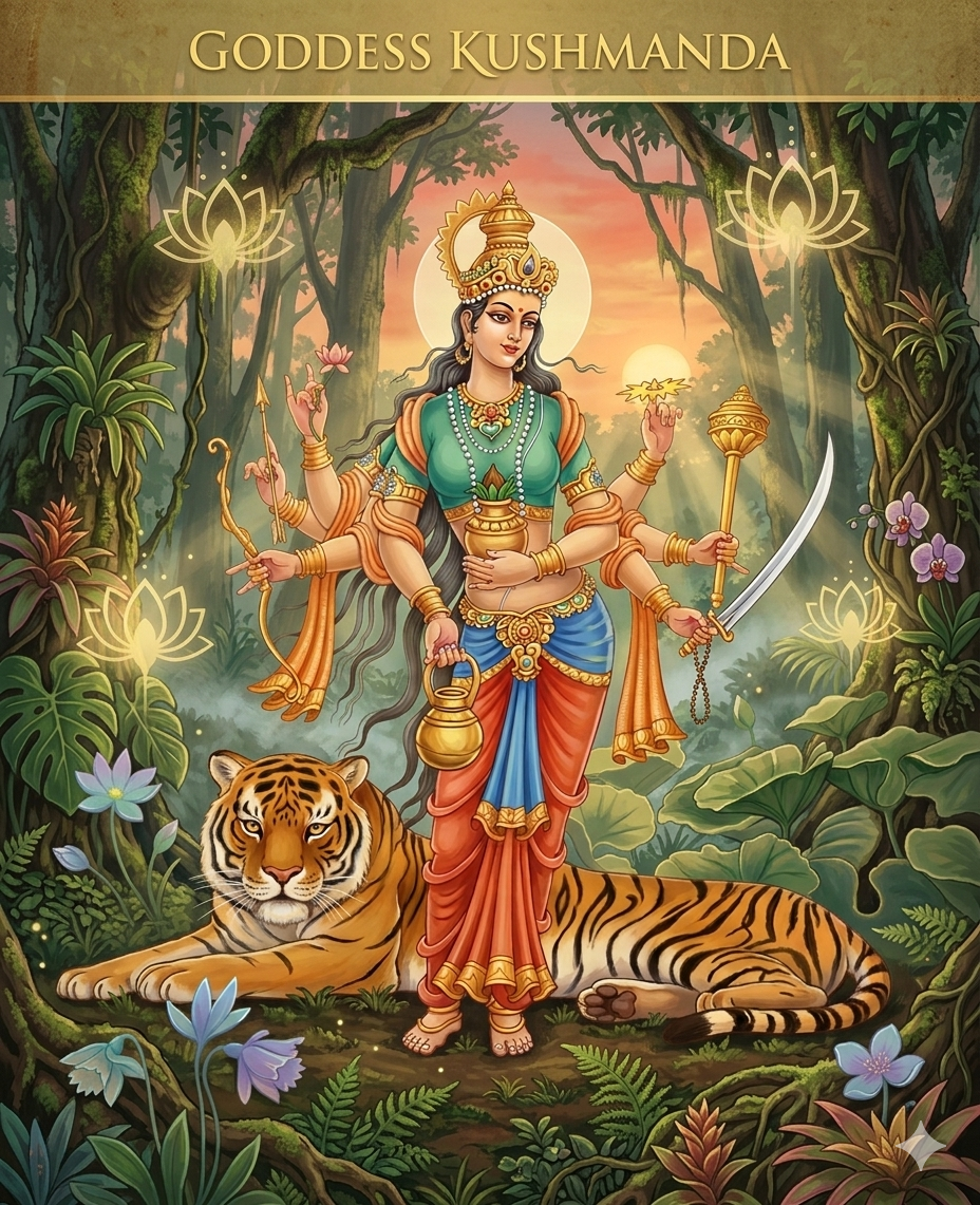An artistic illustration of the eight-armed Hindu Goddess Kushmanda standing in a lush, dense jungle at sunrise. A large, realistic tiger rests calmly on the forest floor beside her. The goddess wears a vibrant teal bodice, a red and blue lower garment, and holds her traditional weapons, a lotus blossom, and a golden pot. Sunbeams filter through the ancient, mossy trees as glowing golden lotus outlines float softly in the air.