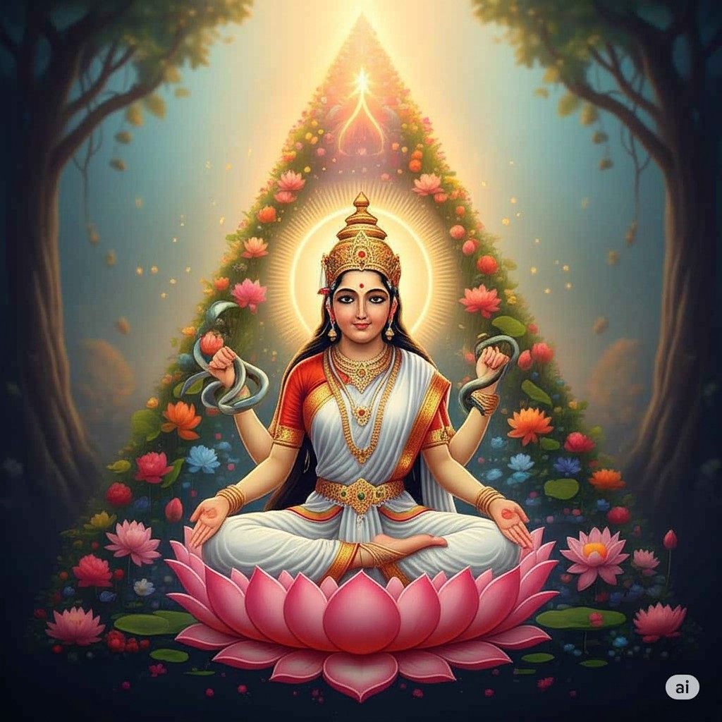 A digital painting of a four-armed Hindu goddess seated in meditation on a large pink lotus. She is dressed in a traditional white and red sari with gold jewelry, holding two small green serpents in her upper hands, while her lower hands rest open on her knees in a gesture of blessing. A triangular, mountain-like canopy covered in pink and blue lotuses rises behind her under a radiant golden halo.
