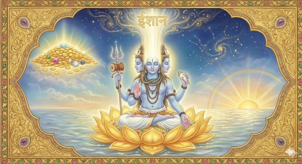 Ishana, the five-faced aspect of Shiva (Sadasiva), seated on a golden lotus within the Hrit Chakra. The image depicts the Northeast gate of the heart, representing the revealor of Agamic knowledge and the element of Akasha (Space).