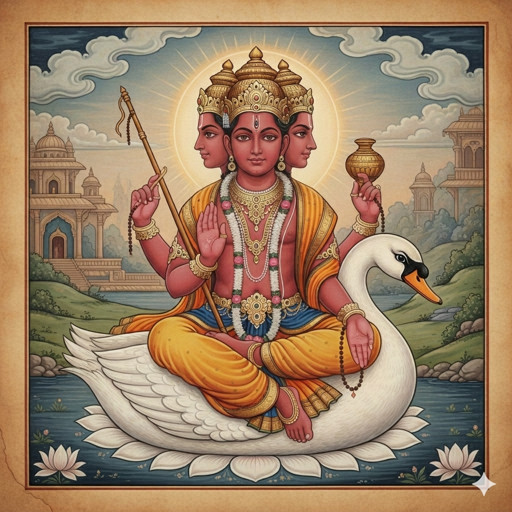 A youthful, four-faced Hindu God Lord Brahma with deep red skin, seated on a white swan vahan over a lotus. He holds a staff, sacred water pot, and rudraksha rosary, representing the resident deity of the Muladhara root chakra.