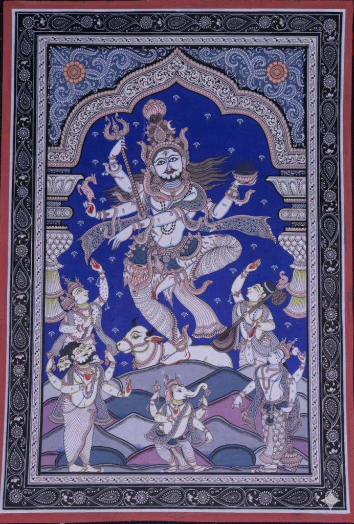 A traditional Odisha Pattachitra style painting depicting the multi-armed storm deity Rudra dancing dynamically against a vibrant royal blue backdrop. Framed by an intricate black and white decorative border with a white archway, the central deity stands balanced on a white bull amid rolling stylized hills. He holds a trident and a sacrificial bowl while surrounding figures, including Ganesha and celestial musicians, look up in reverence.