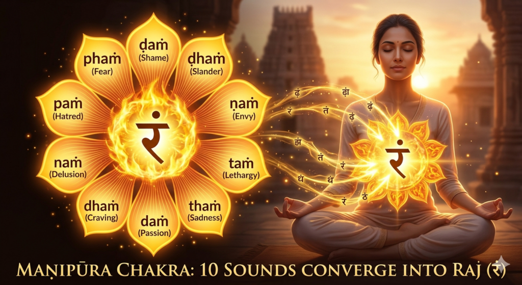 A detailed instructional diagram illustrating the Manipura Solar Plexus Chakra transformation. On the left, a large, glowing ten-petaled golden lotus displays the ten negative emotional tendencies or vrittis with their transliterated Sanskrit sounds and English labels: ḍaṁ (Shame), dhaṁ (Slander), ṇaṁ (Envy), taṁ (Lethargy), thaṁ (Sadness), daṁ (Passion), dhaṁ (Craving), naṁ (Delusion), paṁ (Hatred), and phaṁ (Fear), surrounding a central burning 'Ram' seed syllable. On the right, a woman sits in deep cross-legged meditation with her eyes closed against a blurred sunset temple backdrop. Vibrant streams of light containing glowing Sanskrit characters flow from the outer lotus and converge directly into a matching glowing lotus wheel over her solar plexus center. The bottom of the image features clean golden typography reading 'MANIPŪRA CHAKRA: 10 SOUNDS CONVERGE INTO RAJ'.