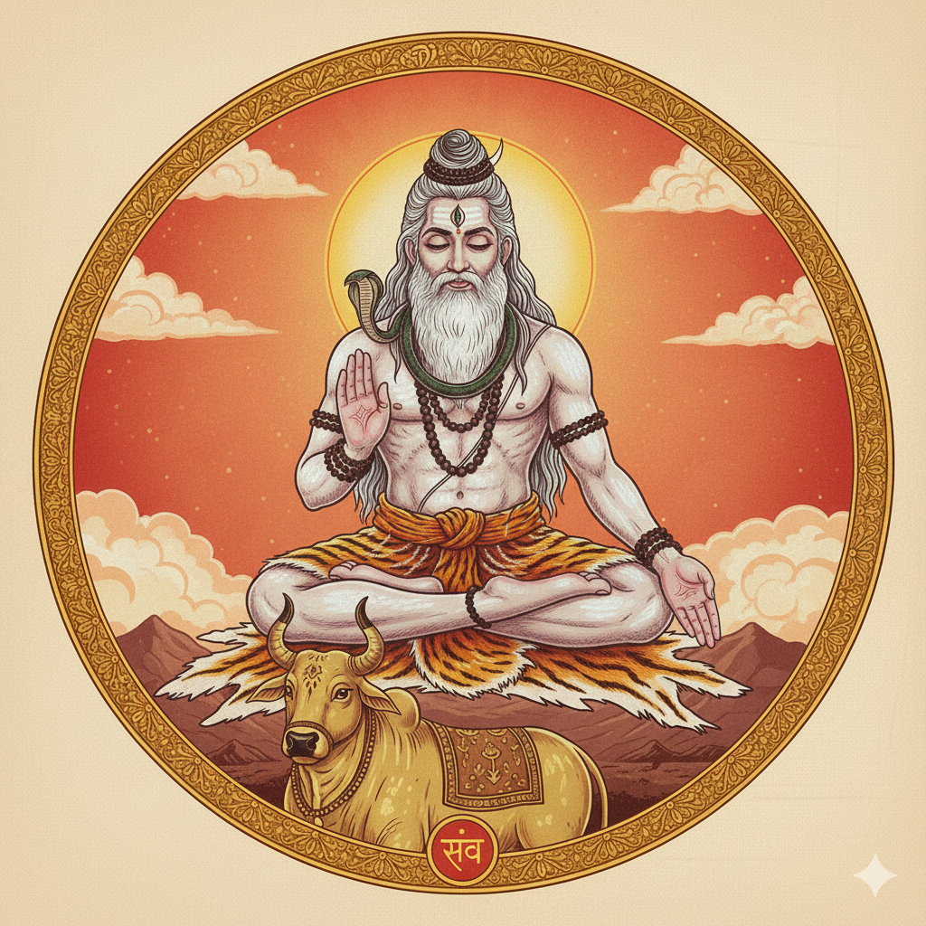 A classical style circular Indian illustration of an elderly, white-bearded ascetic deity, Lord Rudra, meditating in a cross-legged yogic posture. He features ash-skinned skin, long silver hair tied in a topknot with a crescent moon, a third eye on his forehead, and a cobra draped around his neck. He wears rudraksha beads and a tiger-skin dhoti, raising his right hand in the abhaya mudra of protection while his left hand rests open on his knee. He sits on a tiger skin above a golden Nandi bull resting on the ground. The background is a warm orange sky with soft clouds, enclosed within a highly decorative golden circular border featuring a small red Sanskrit emblem at the bottom.