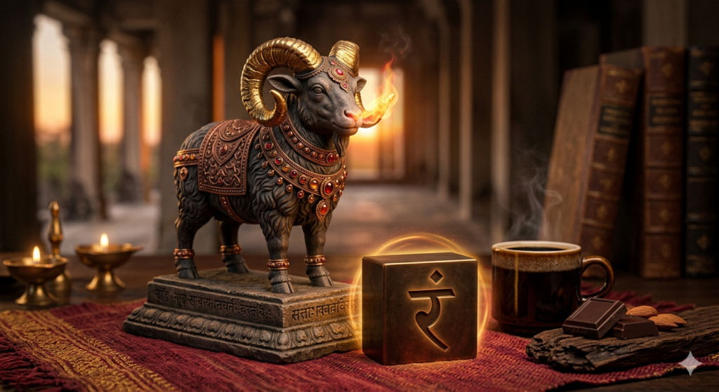 A atmospheric, photorealistic still life arrangement on a textured crimson and gold altar cloth. On the left stands a detailed, dark grey ornamental statue of a ram with large, spiraling golden horns and a jeweled red saddle, exhaling a subtle wisp of flame from its nostrils. In the center foreground sits a metallic, dark gold cube inscribed with a glowing Sanskrit 'Ram' seed syllable. To the right, a steaming ceramic mug of dark coffee sits next to a rustic piece of wood holding dark chocolate squares and raw almonds. In the background, two small brass oil lamps flicker with warm light against a softly blurred stone temple corridor at dusk.