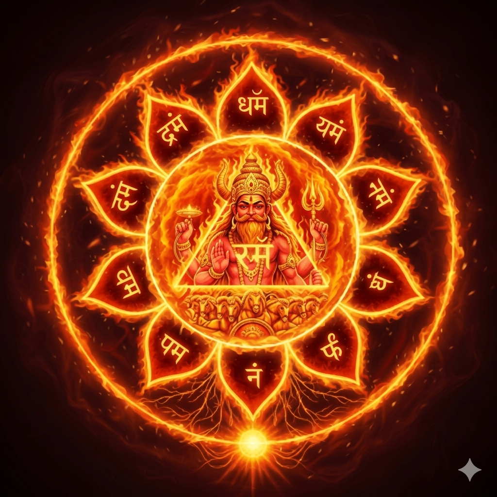 A high-contrast, luminescent digital illustration of the Manipura Solar Plexus Chakra yantra burning with intense golden-orange flames against a dark background. A large ten-petaled lotus wheel made of pure fire is inscribed with glowing Sanskrit syllables on each petal. At the glowing core, a fiery triangle frames a powerful, multi-armed warrior deity with a beard and horns, holding a trident and discus. Below him, a chariot team of horses charges forward through the flames, while an radiant energy point at the bottom base sends glowing, root-like tendrils downward.