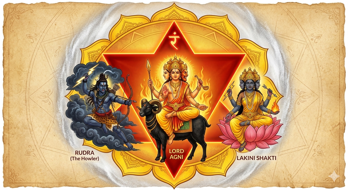 A vibrant digital illustration of the Manipura Solar Plexus Chakra yantra set against an antique parchment background. The central focal point is a large, downward-pointing red triangle enclosed within a golden ten-petaled lotus wheel, featuring the glowing Sanskrit seed syllable Ram at the top apex. Inside the triangle, the multi-faced Lord Agni is seated upon a black ram amidst flames, holding a spear and ladle. To his left, a dark-skinned, multi-armed Rudra leaps from storm clouds holding lightning and a bow. To his right, the three-headed goddess Lakini Shakti sits enthroned on a pink lotus flower holding an arrow, lightning bolt, and a sacred fire.