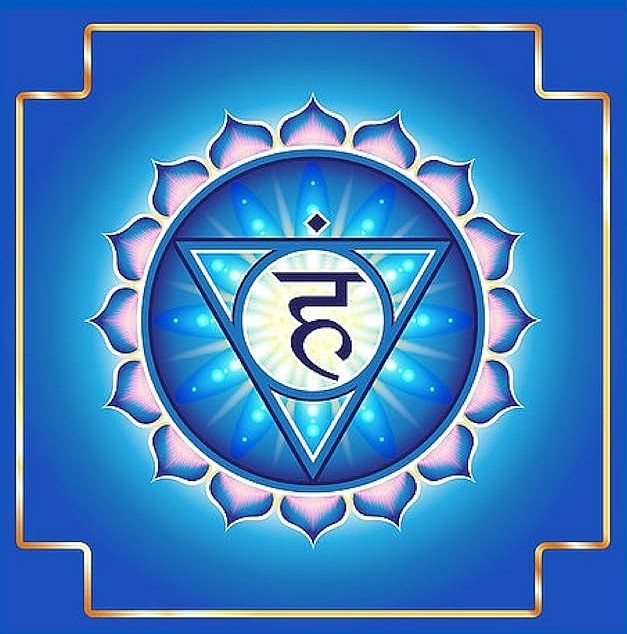 A vibrant blue New Age Vishuddha throat chakra symbol featuring a downward-pointing triangle within a circle, representing authentic self-expression.