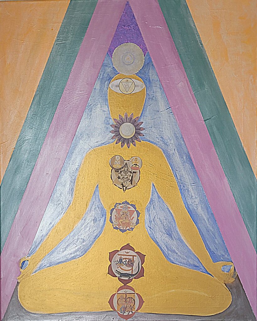 An original fine art painting by Sarah Hope illustrating the five koshas (sheaths of existence) layered around a golden silhouette of a figure seated in a meditative lotus posture. Colorful, rising geometric chevrons form a dynamic background in shades of warm ochre, sea-green, and soft lavender. Delicately detailed chakra mandalas and traditional iconographic deities are aligned precisely along the central axis (Sushumna Nadi) of the torso, ascending from the root center up to a luminous crown mandala.