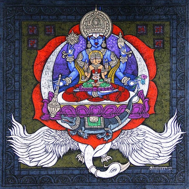 A traditional fine art painting detailing the iconographic elements of the Svadhishthana Sacral Chakra. At the center sits the blue-skinned, four-armed Lord Vishnu, holding a discus, conch, and mace. Seated in front of him is the two-headed Goddess Rakini, displaying a red seed syllable Vam on her chest. They rest upon a purple lotus throne positioned on top of a dark blue Makara crocodile creature, which is carried by a large white swan with outstretched wings.