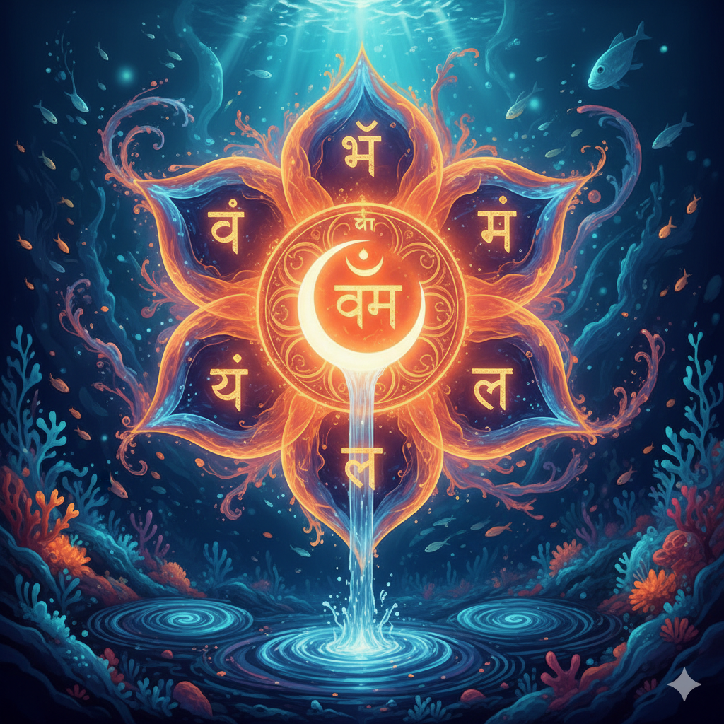 A glowing, luminescent digital illustration of the Svadhishthana Sacral Chakra yantra situated on a dark ocean floor. A brilliant golden-orange six-petaled lotus floats underwater, surrounded by coral reefs, sea anemones, and small swimming fish. The central circular core houses a bright white crescent moon that acts as a fountain, pouring a stream of glowing blue water downward into a swirling tide pool below. Each of the surrounding petals and the central moon are inscribed with glowing golden Sanskrit seed syllables.