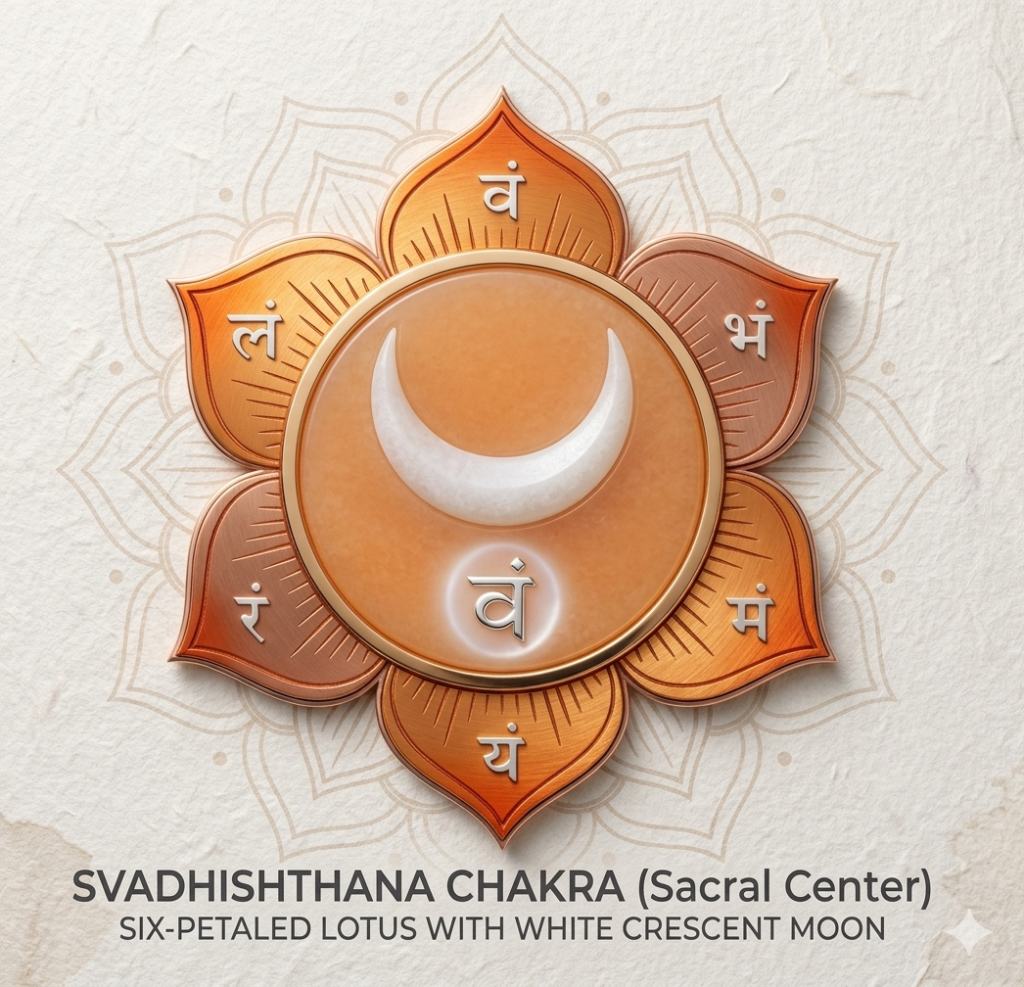 A vibrant vector illustration of the Svadhishthana Chakra yantra on a light background. It features a rich orange six-petaled lotus enclosing a peach-colored circular field with a prominent white crescent moon. Each petal is inscribed with a white Sanskrit seed syllable (Vam, Bham, Mam, Yam, Ram, Lam). A glowing white 'Vam' syllable is positioned below the moon. Text at the bottom identifies: SVADHISHTHANA CHAKRA (Sacral Center) SIX-PETALED LOTUS WITH WHITE CRESCENT MOON.