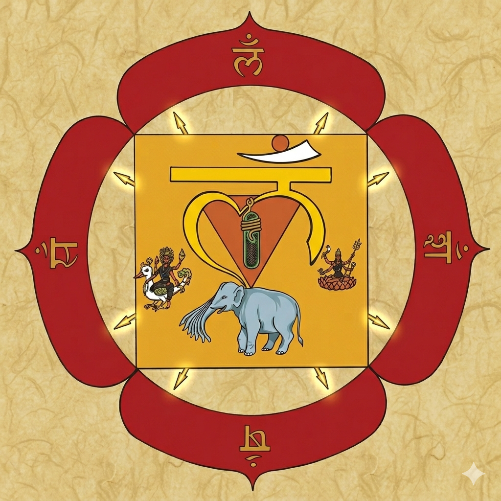 Traditional Agamic diagram of the Muladhara root chakra. The mandala features a yellow square representing the earth element, surrounded by eight golden spears or arrows pointing outward. At the center is the Sanskrit Bīja mantra Lam, an inverted triangle containing the green Svayambhu Linga with the coiled Kundalini serpent, and Airavata the elephant at the base. The outer red lotus has four petals inscribed with traditional Sanskrit seed letters.