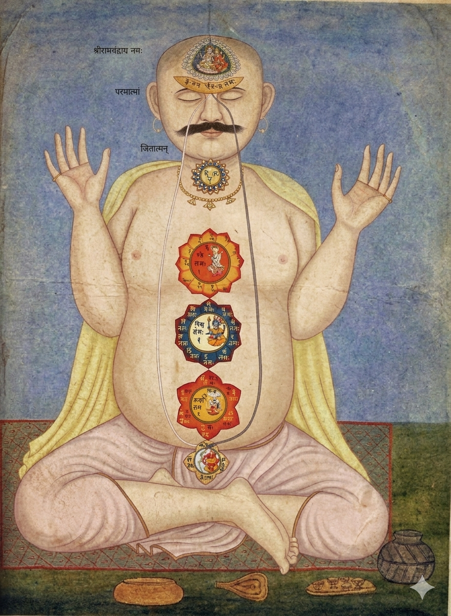 Antique-style Indian painting depicting a seated yogi in meditation against a blue textured background, used to map the subtle energy systems. The figure features detailed traditional iconography, with hands raised in a receptive mudra, a mustache, and delicate gold earrings. Layered along the central energetic axis (Sushumna Nadi) are highly detailed, colorful chakra wheels inscribed with classical Devanagari script. A sacred thread drapes over the torso, routing down toward traditional ritual items—including a small vessel and offering bowls—resting on the ground at the base of the image.