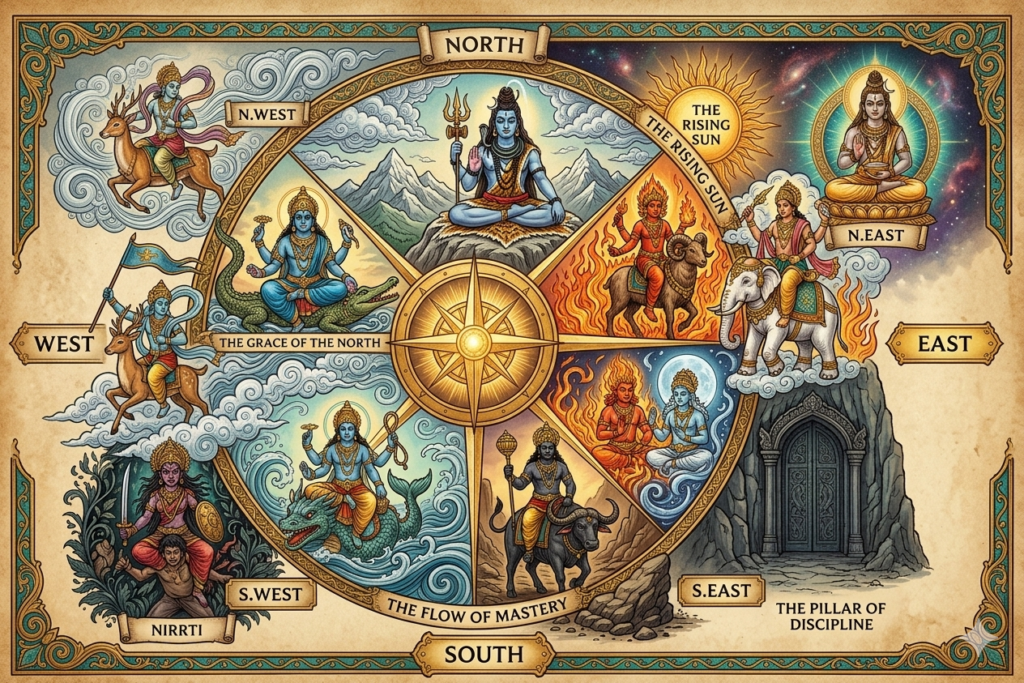 An intricate, classical-style circular chart mapping the traditional directional guardians (Dikpalas) and elements around a central golden compass rose. The chart is divided into sectors corresponding to the compass points: North features Lord Shiva on a mountain peak; Northeast shows a meditating deity on a lotus; East displays an enthroned deity riding a white elephant; Southeast presents figures amidst raging fire; South depicts a dark-skinned deity riding a water buffalo; Southwest features the goddess Nirrti with a sword over a figure; West shows a blue deity riding a deer; and Northwest displays a deity riding a stag through storm clouds. A stone gateway labeled 'The Pillar of Discipline' stands to the right.