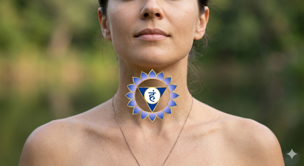 A 2D graphic icon of the blue 16-petal Vishuddha throat chakra overlaid on the throat area of a woman meditating outdoors, showing the exact anatomical placement of the fifth chakra.