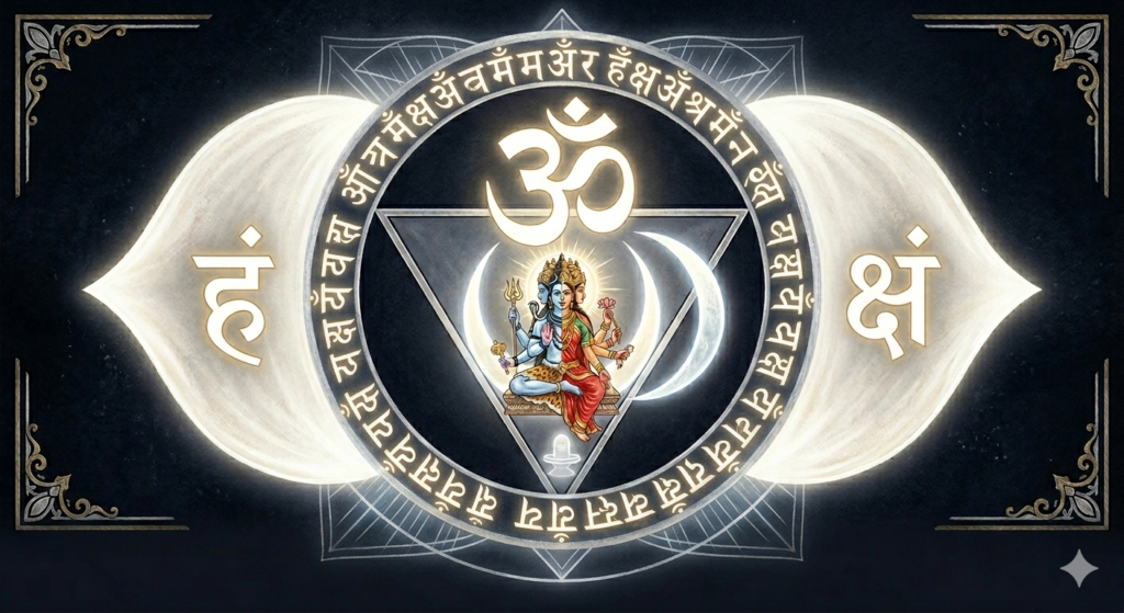 Authentic traditional Ajna chakra mandala featuring a radiant white two-petaled lotus, central AUM symbol, inverted trikona triangle, lunar crescent, and integrated Sanskrit mantra chakra character ring.