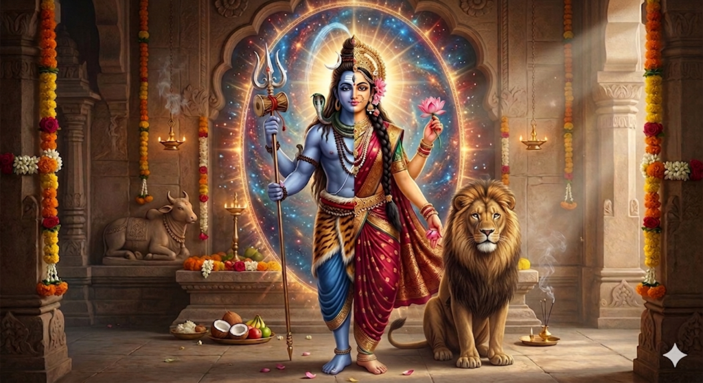 A half-male and half-female deity, Ardhanarishvara, standing balanced with two legs inside a temple sanctuary. The left side is a radiant pink goddess in a red sari holding a lotus, with a regal lion sitting by her feet. The right side is a blue-skinned Shiva holding a trident, with Nandi the sacred bull resting in the background.