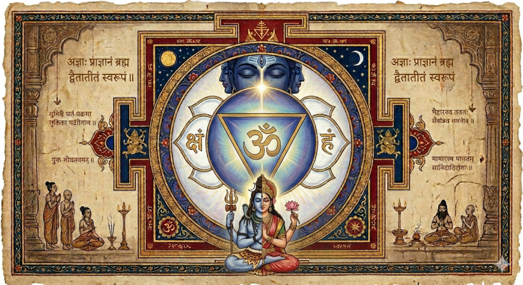 A traditional Ajna chakra yantra manuscript illustration featuring a central pure white two-petaled lotus with an inverted triangle and the AUM symbol, with the composite male-female deity Ardhanarishvara seated below.