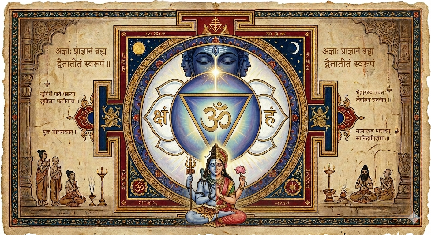 A traditional Ajna chakra yantra manuscript illustration featuring a central pure white two-petaled lotus with an inverted triangle and the AUM symbol, with the composite male-female deity Ardhanarishvara seated below.