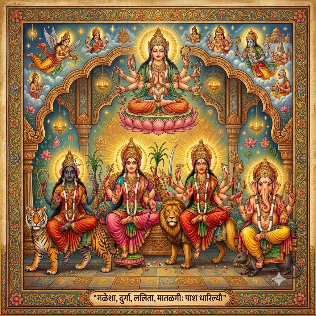 A symmetrical traditional painting. In the upper center, Amoghapasha Lokeshvara sits on a lotus holding multiple lassos. Below him are four seated deities: Goddess Matangi on a tiger, Goddess Lalita on a throne, Goddess Durga on a lion, and Lord Ganesha on a mouse. Each lower deity holds a pasha loop, all set within an ornate temple archway.