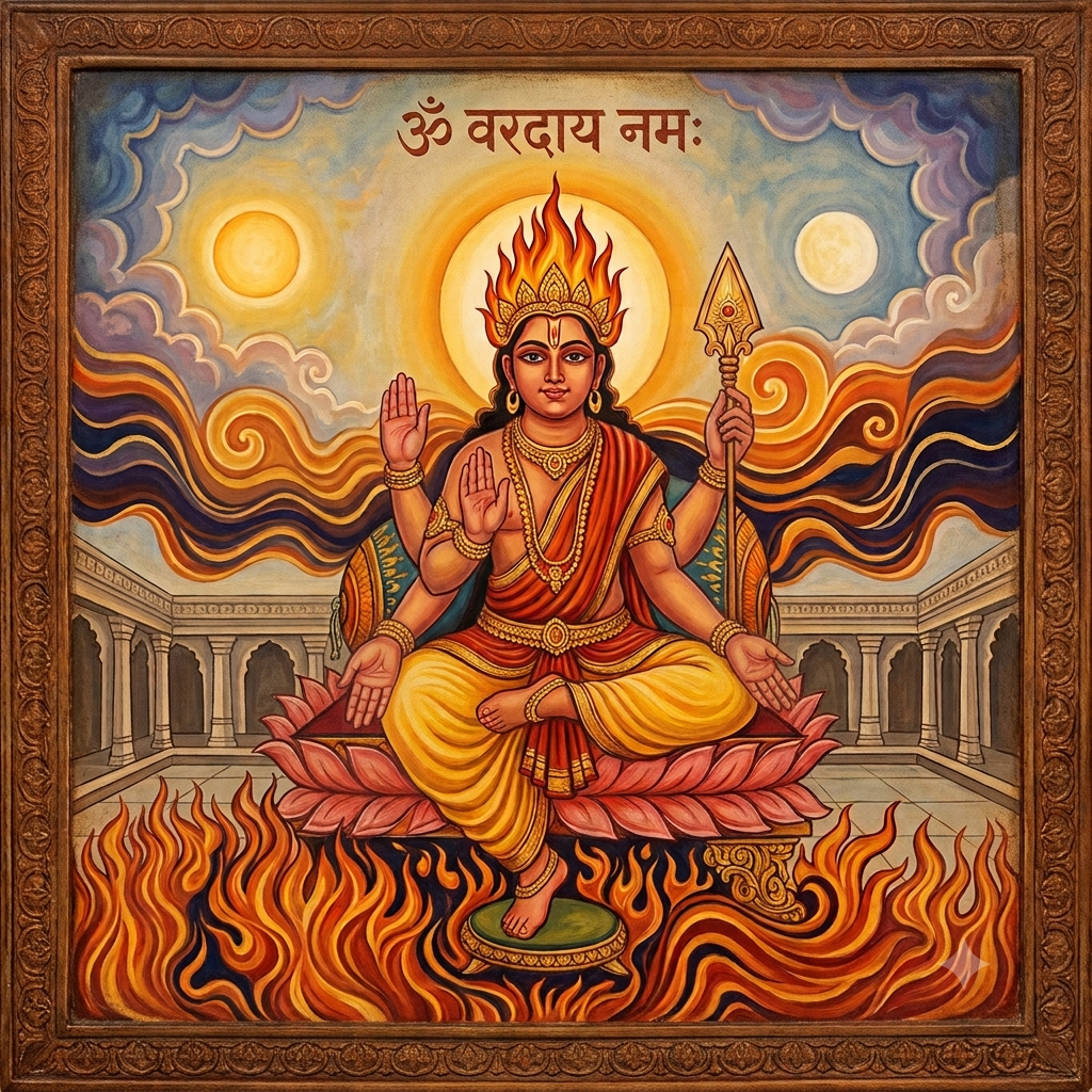 Seated on a lotus throne rising from stylized flames, wearing traditional ornate vestments and a crown of fire, surrounded by an aura of light with sun and moon imagery in the sky, framed in an ornate wooden border