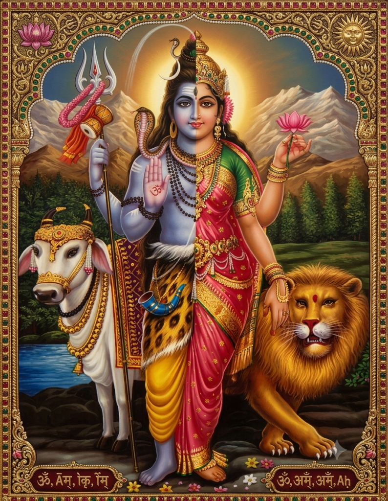 Traditional devotional painting of Ardhanarishvara, the half-Shiva half-Parvati unified divine form seated with Nandi the bull and the sacred lion.