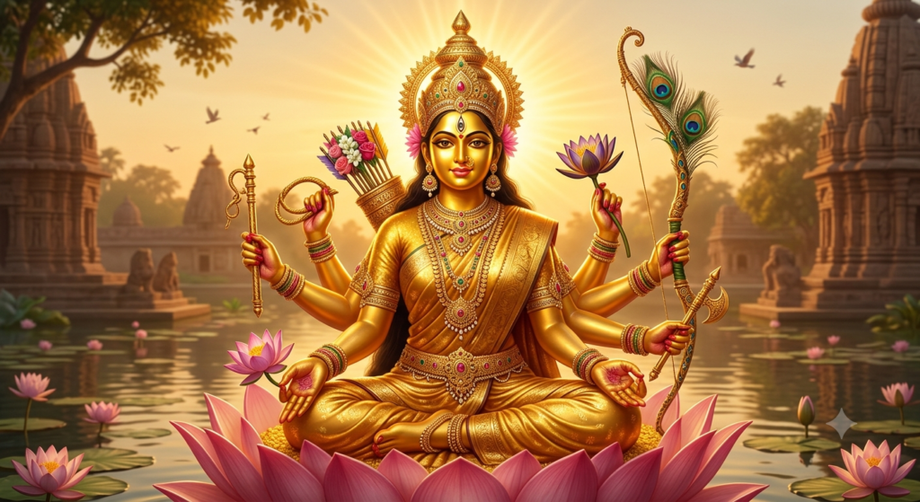 Traditional Indian Tantric illustration of the goddess Bhagamālinī, radiating a glowing golden-yellow solar aura. She has four arms holding a sugarcane bow, flower arrows, a lotus, and a sacred vessel, seated upon a lotus throne in an atmosphere of luminous warmth.