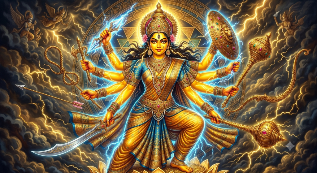 The goddess Bherunda, glowing bright golden-yellow skin like molten lightning, eight arms holding a shield, a sword, a mace, a diamond thunderbolt (vajra), a bow, an arrow, a noose, and a goad. Three fierce yet protective glowing eyes, powerful commanding stance, dramatic lighting, intense golden aura, intricate traditional Indian artwork, ultra-detailed.