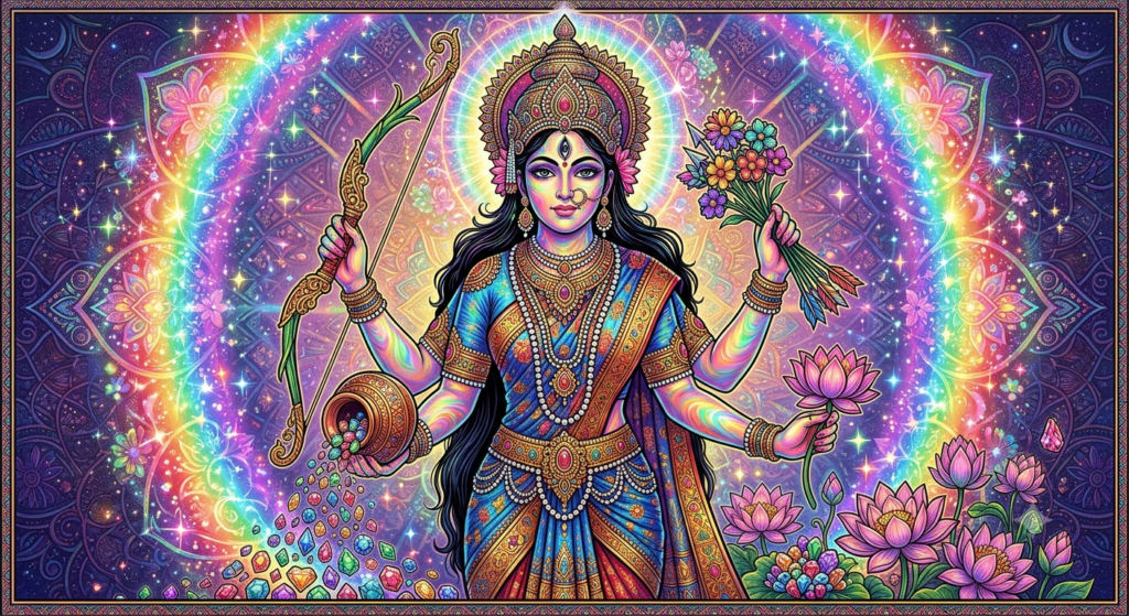 The Goddess Nityaklinna, multi-colored kaleidoscopic skin shimmering with rainbow light, four arms holding a sugarcane bow, flower arrows, a lotus, and a vessel overflowing with glittering gems. Wearing ornate silk garments covered in intricate jewel patterns. Surrounded by an aura of shifting prismatic light and magical wonder, hyper-detailed, mystical Tantric artwork, fine line details, vibrant color spectrum,