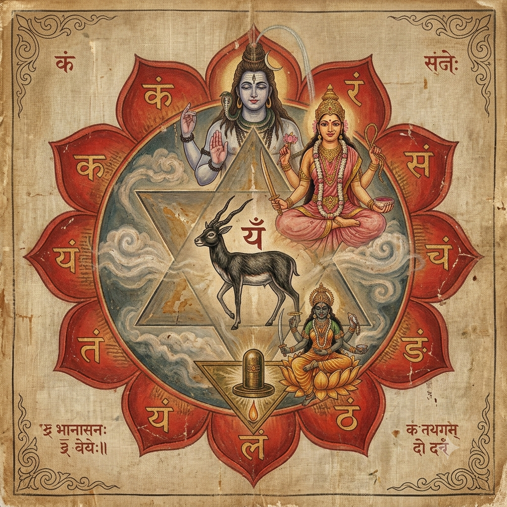Traditional vintage Tantric painting of the Anāhata Cakra on aged parchment, featuring a twelve-petaled red lotus, central deities, a black antelope, and sacred Devanagari script.