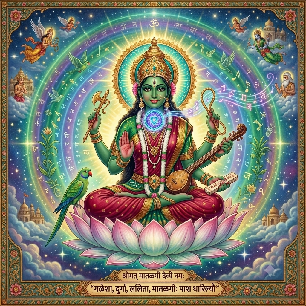traditional Indian painting of the emerald-green Goddess Matangi seated on a pink lotus. She has four arms holding a pasha lasso, an ankusha goad, a veena lute, and a scriptural text. A glowing rainbow aura containing musical notes and Sanskrit script radiates from her throat centre.