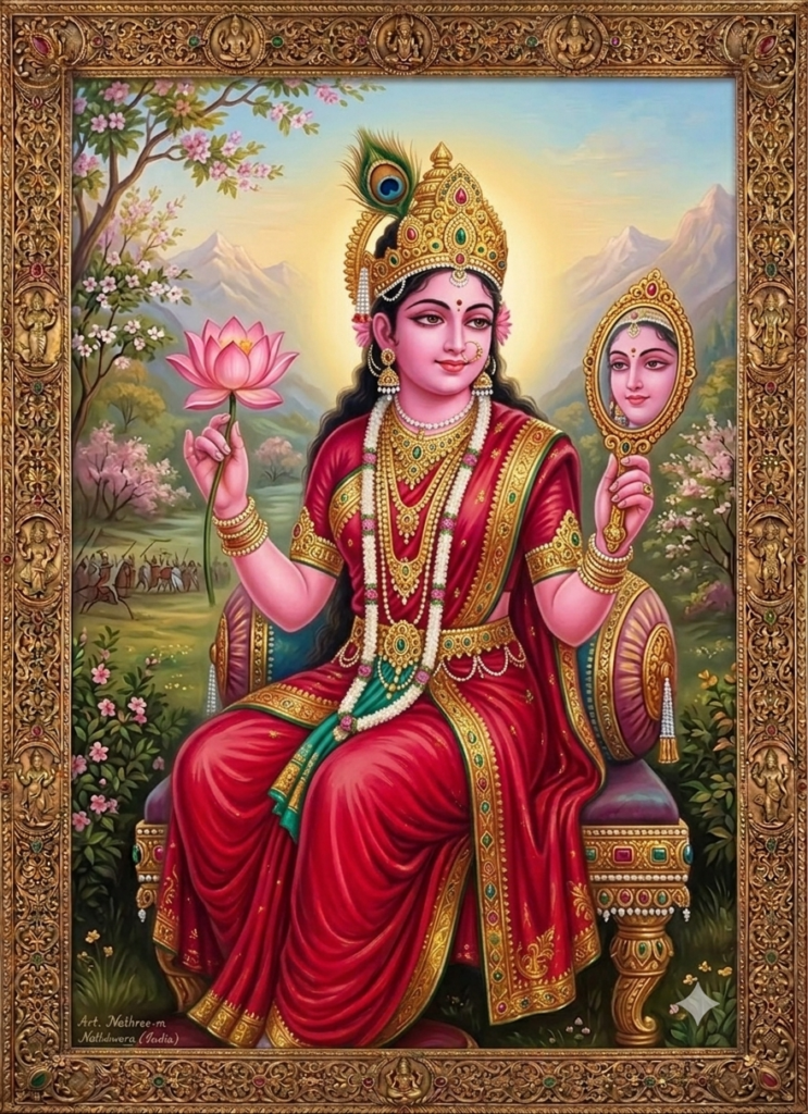 A traditional Indian painting of Goddess Parvati with radiant pink skin, wearing a vibrant red sari with shining golden ornaments and a crown. She sits gracefully on an ornate throne within a carved golden border, holding a blossoming pink lotus in her right hand and an elegant golden hand-mirror in her left hand, which reflects her face.