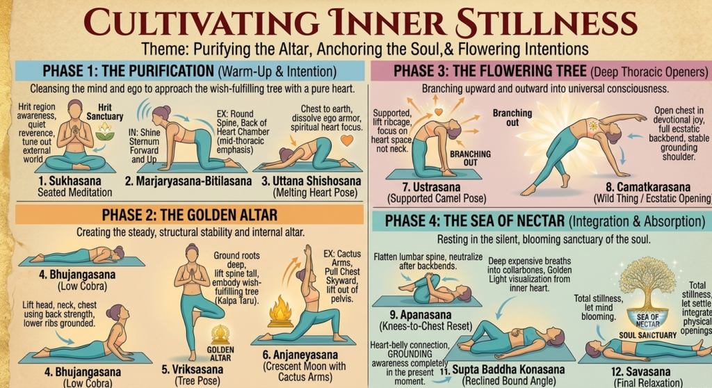 an infographic yoga sequence card titled "Cultivating Inner Stillness," divided into four distinct phases, each with several numbered pose illustrations and descriptive text.