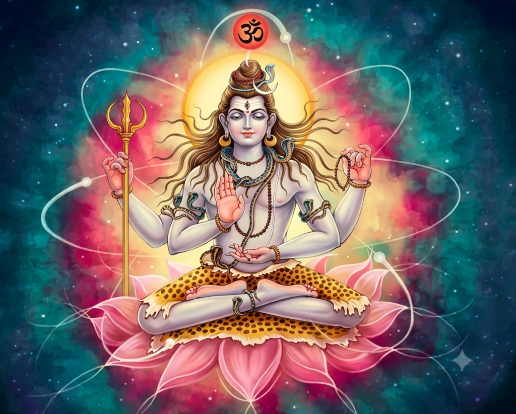 A cosmic, ethereal painting of Lord Shiva meditating in a full lotus posture over a pink lotus base. His body is luminous white, surrounded by a warm golden halo and a soft pink cloud of energy, with fine white orbital rings resembling atomic electron paths circling his form against a deep turquoise space background