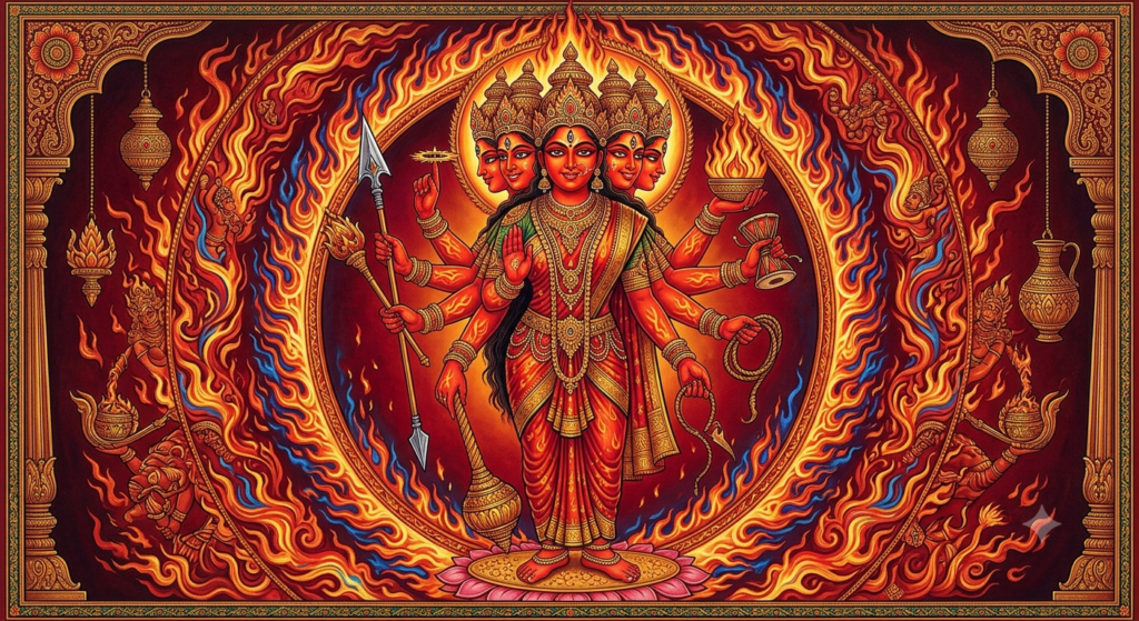 Jvālāmālinī (The Six-Faced Fire Queen) The goddess Jvalamalini, blazing fire-red skin, six sweet smiling faces (eighteen glowing eyes) and twelve arms holding a mace, spear, flame, wine jar, damaru drum, noose, and goad. Surrounded by a circular ring of dancing sacred flames, powerful transformational energy, rich crimson and gold tones, ultra-detailed art.