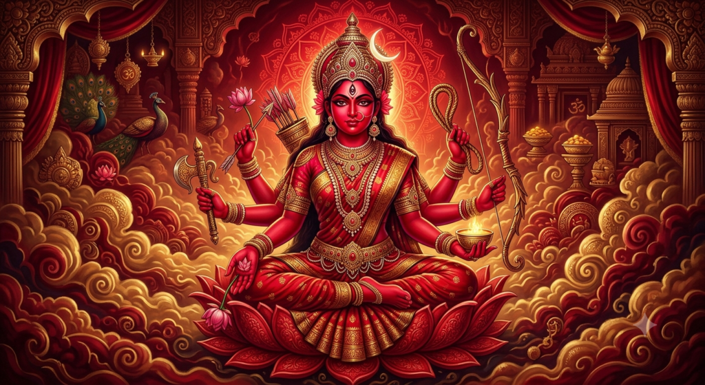 An Indian Tantric goddess, Kamesvari, radiant crimson-red skin like ten million rising suns, six arms holding a sugarcane bow, lotus arrows, a noose, an elephant goad, and a golden cup of nectar. Wearing a ruby-adorned diadem with a slender crescent moon. Three glowing eyes, serene and regal expression, seated on a red lotus throne.