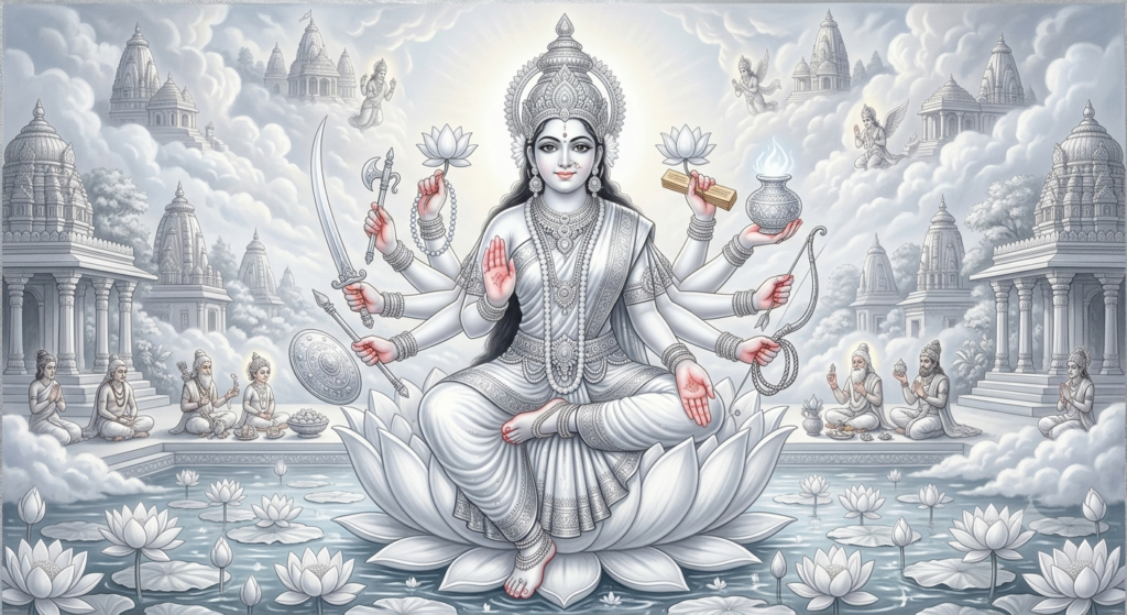 Kulasundarī (The Crystal White Goddess) The goddess Kulasundari, pure luminous crystal-white skin, twelve arms holding a white lotus, palm-leaf scriptures, a rosary of crystals, a vessel of nectar, a bow, arrows, a sword, a shield, a noose, and a goad. Seated on a pristine white lotus throne, adorned in pearls and moonstones, calm scholarly aura, soft white and silver light, hyper-detailed.