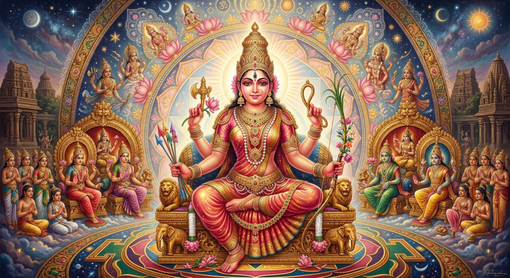 Mahā Tripurasundarī (The Translucent Crimson Light) The supreme goddess Maha Tripurasundari, translucent crimson-gold skin radiating pure white light, four arms holding a sugarcane bow, five flower arrows, a golden noose, and an elephant goad. Seated at the precise central point (Bindu) on a sacred throne, ultimate divine consciousness aura, majestic and ethereal, 8k resolution, masterpieces of Tantric art.