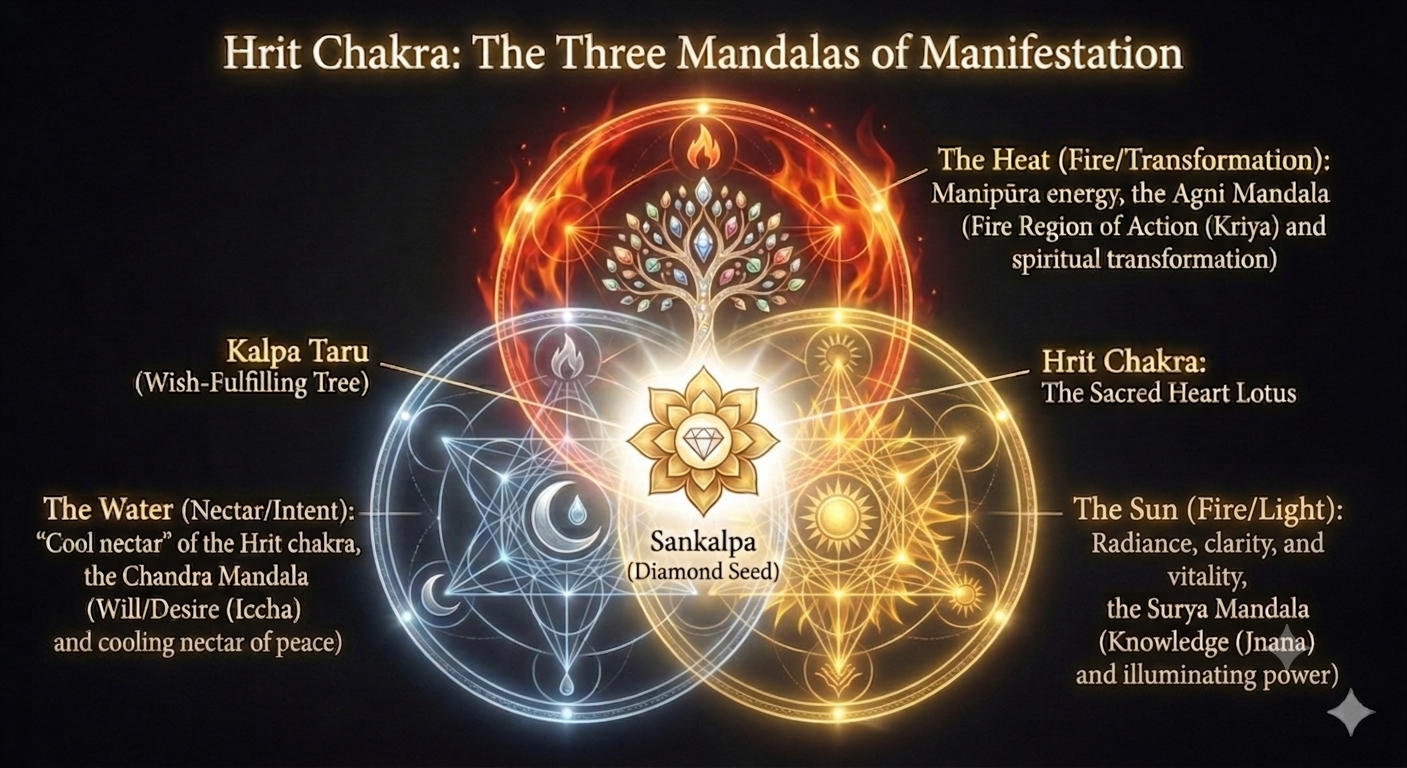A spiritual diagram showing three overlapping colored circles representing the convergence of universal energies within the subtle heart chakra.