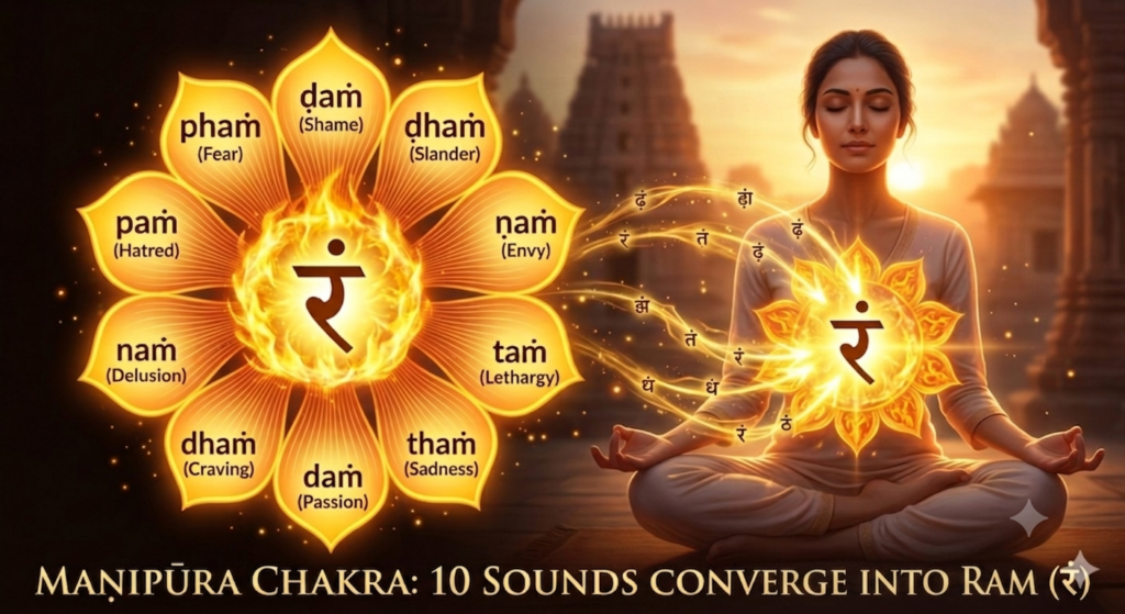 A detailed instructional diagram illustrating the Manipura Solar Plexus Chakra transformation. On the left, a large, glowing ten-petaled golden lotus displays the ten negative emotional tendencies or vrittis with their transliterated Sanskrit sounds and English labels: ḍaṁ (Shame), dhaṁ (Slander), ṇaṁ (Envy), taṁ (Lethargy), thaṁ (Sadness), daṁ (Passion), dhaṁ (Craving), naṁ (Delusion), paṁ (Hatred), and phaṁ (Fear), surrounding a central burning 'Ram' seed syllable. On the right, a woman sits in deep cross-legged meditation with her eyes closed against a blurred sunset temple backdrop. Vibrant streams of light containing glowing Sanskrit characters flow from the outer lotus and converge directly into a matching glowing lotus wheel over her solar plexus center. The bottom of the image features clean golden typography reading 'MANIPŪRA CHAKRA: 10 SOUNDS CONVERGE INTO RAM