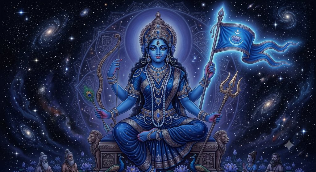 The goddess Nilapataka, deep sapphire-blue complexion, four arms holding a glowing blue banner (pataka), a trident, a bow, and an arrow. Draped in dark silk garments and blue sapphire ornaments, three visionary eyes, dark starry night background with indigo aura, fine line details, mystical Tantric aesthetic.