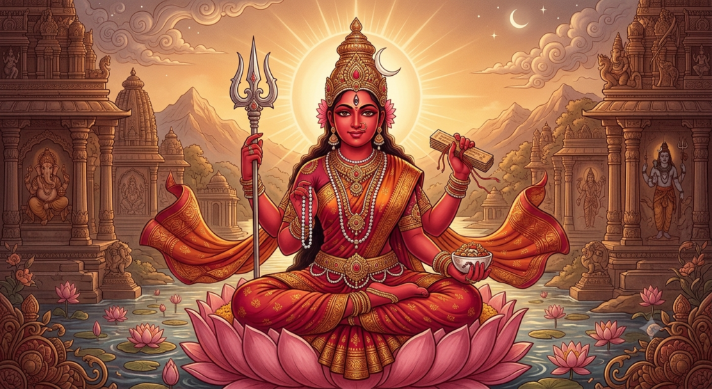 Nityā (The Eternal Sun) The goddess Nitya, crimson-red skin like a morning sunrise, four arms holding a trident, crystal rosary beads, sacred scriptures, and a skull-cup. A serene, subtle smile, three glowing eyes, timeless sacred art style, rich crimson tones, soft golden backlight, traditional Indian painting, highly detailed.