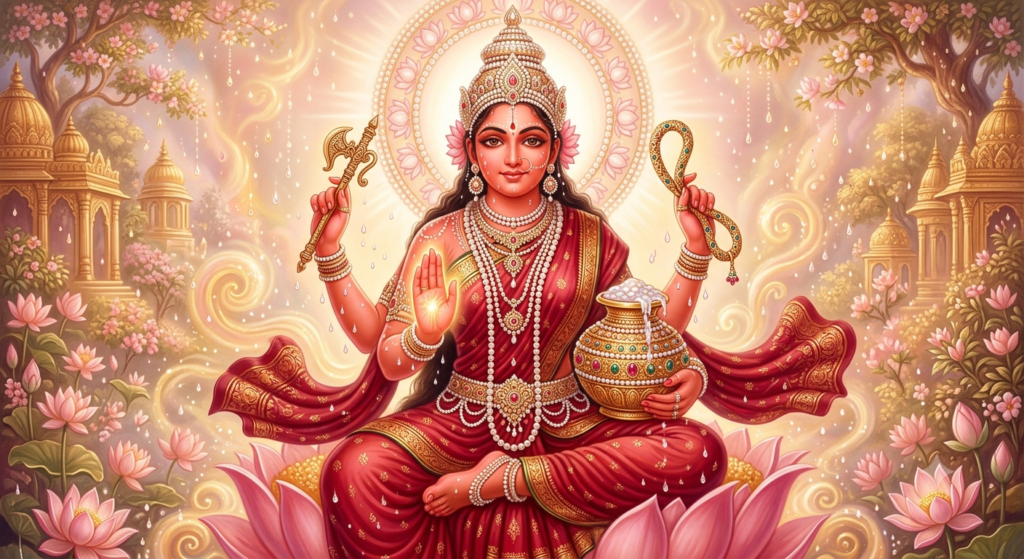 The Indian goddess Nityaklinna, soft coral-red complexion shimmering with drops of divine nectar, four arms holding a noose, elephant goad, a jewel-encrusted vessel filled with nectar, and showing the protective Abhaya hand gesture. Adorned in deep red garments and lustrous white pearl ornaments, gentle compassionate expression, luminous ethereal atmosphere, highly detailed Tantric art.