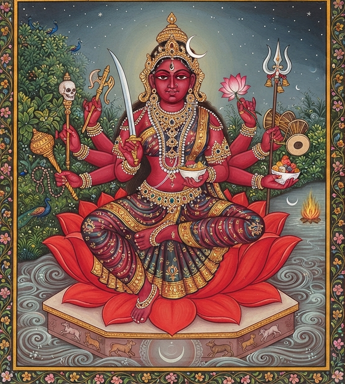 Goddess Rakini: The Spirit of Transformation
Rakini is the spark—the creative fire to Varuna’s calm, moral depth of the water,
A classical style Indian devotional painting of a four-armed goddess seated in a cross-legged meditation posture on a large orange lotus blooming amidst turbulent blue ocean waves. She wears a vibrant orange and gold sari, an elaborate golden crown, and fine jewelry. In her upper hands, she holds a golden trident and a pink lotus flower, while her lower right hand rests in a gesture of blessing and her lower left hand holds a small golden bowl with a rising sacred flame. A golden circular emblem at the base of the lotus features the Sanskrit seed syllable Vam.
The Inspiring Shakti of the Sacral Realm
If Varuna is the ocean, Rakini is the current. She represents the vital energy (Shakti) that flows through the Svadhishthana, turning raw emotion into art and stagnant water into a rushing stream.
She is the Guardian of Nectar – Rakini is the protector of Soma (the divine nectar) in our bodies. This is our vitality and life force. She ensures that our creative “juices” are preserved and used for growth rather than wasted on distractions.
The Celestial Beauty: Often depicted as exceptionally beautiful and dressed in red or blue, she represents the attractive power of the Sacral Chakra—the pull of beauty, art, and pleasure.
The Four Arms: She carries tools of both creation and protection, showing that creativity requires strength.
The Inspiring Force: Rakini is the one who grants “poetic vision.” When you feel a sudden “flow state” or a burst of inspiration, that is the energy of Rakini waking up within you.