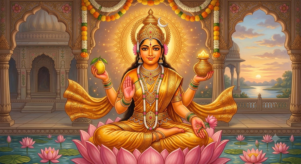 The goddess Sarvamangala, radiant golden-orange skin, four arms holding a citron fruit and a golden vessel of nectar, displaying blessing and protective hand gestures. Seated peacefully on a lotus throne, aura of warmth and abundance, soft golden light, traditional Indian divine portrait, vibrant colors, fine details.